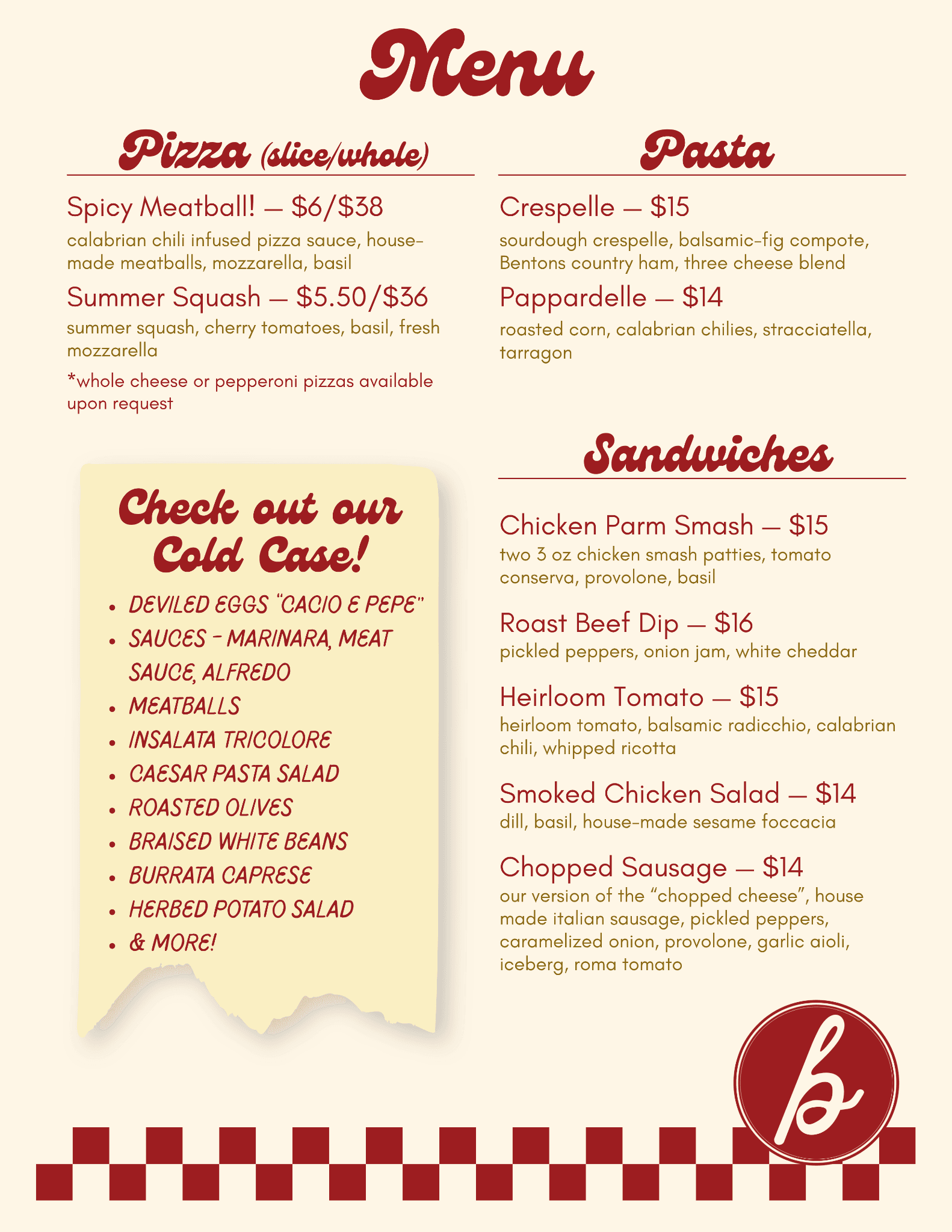 Bocce's menu